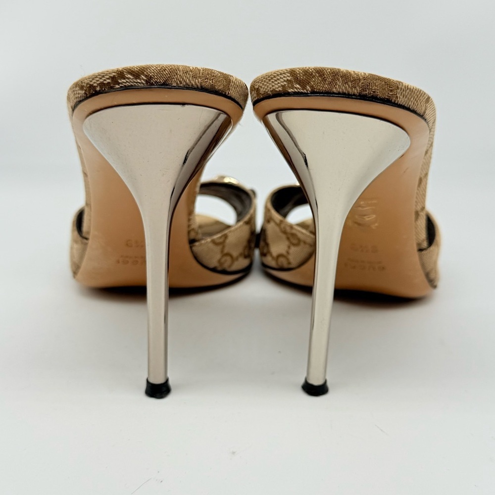 Gucci Beige Brown Gunmetal Grey GG supreme monogram horsebit mules heels Y2K 9.5 - Picture 5 of 9